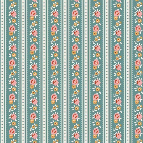 tela Agnes Teal Village Life Tilda al detalle