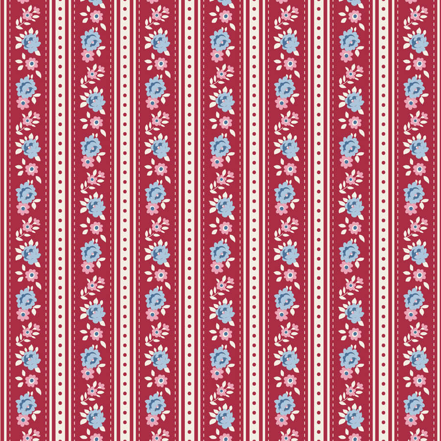 La tela Agnes Burgundy pertenece a la colección Village Life de Tilda, diseñada por Tone Finnanger. Presenta un estampado de estrechas rayas verticales en tonos burdeos y crema, decoradas con pequeñas flores en tonos rosa y azul que forman delicadas hileras. Su diseño de rayas aporta estructura a las composiciones y permite combinarla fácilmente con otros estampados florales de la colección Village Life, siendo una opción muy versátil para proyectos de patchwork y costura creativa. Precio por 25 cm de tela. Si compras más unidades, se enviarán en una sola pieza continua. CARACTERÍSTICAS Composición: 100 % algodón Ancho: 110 cm aprox. Gramaje: 155–160 g/m² Certificación: OEKO-TEX® Standard 100, Clase 1 Lavado: hasta 40 °C Secadora: apta Plancha: apta IDEAL PARA Patchwork y quilting Colchas y quilts Neceseres Bolsos y accesorios Cojines y decoración Proyectos de costura creativa al detalle