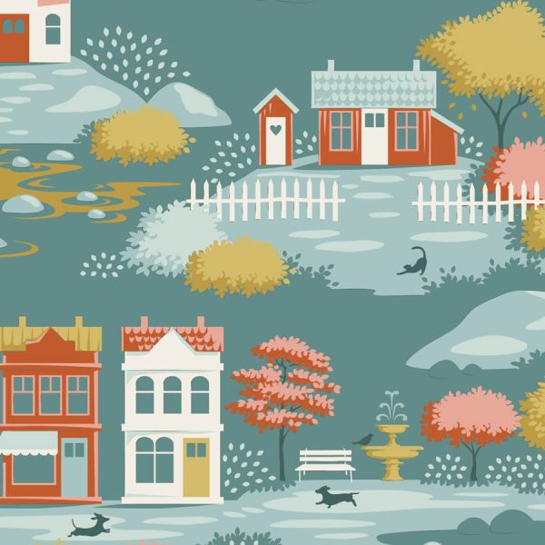 tela Village Teal Village Life Tilda al detalle