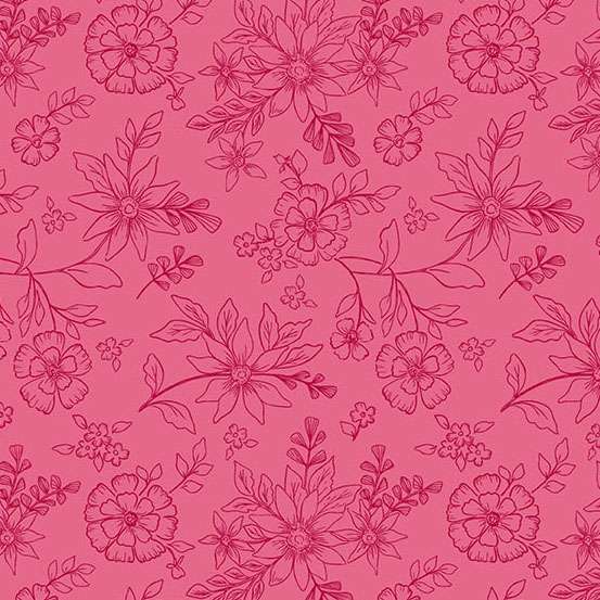 Tela rosa con flores y ramas dibujadas