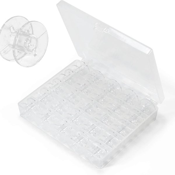 caja transparente con 25 canillas para maquina de coser