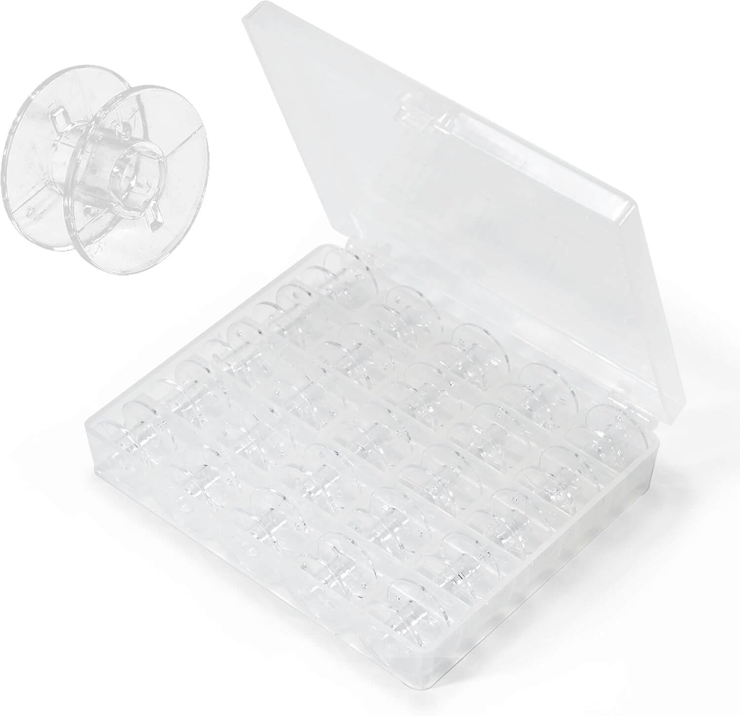 caja transparente con 25 canillas para maquina de coser