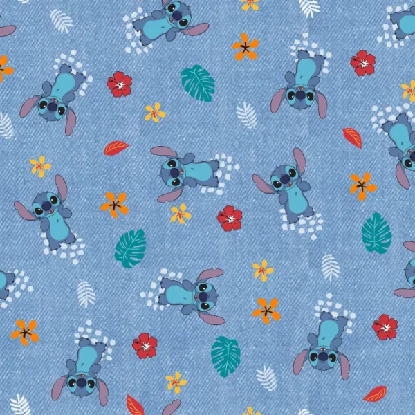 Tela Stitch con flores sobre fondo azul