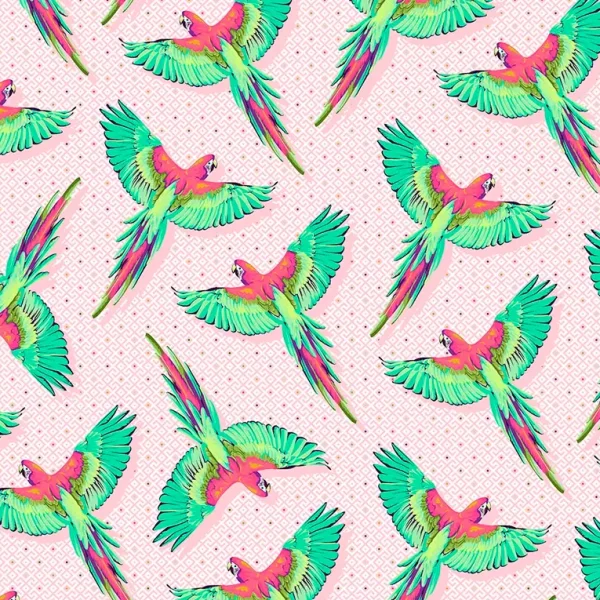 Tela Tula Pink Macaw Ya Later con papagayos de colores