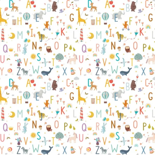 tela abecedario multicolor con letras de colores sobre fondo blanco
