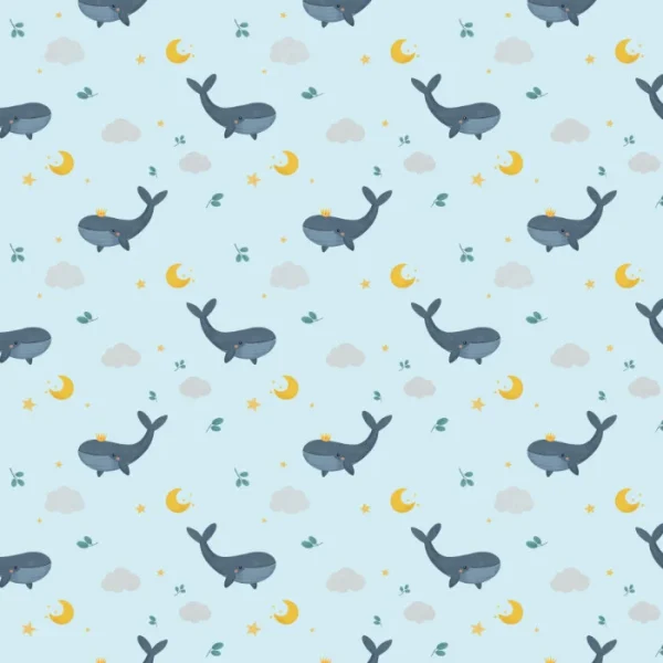tela ballenas sobre fondo azul con estampado infantil
